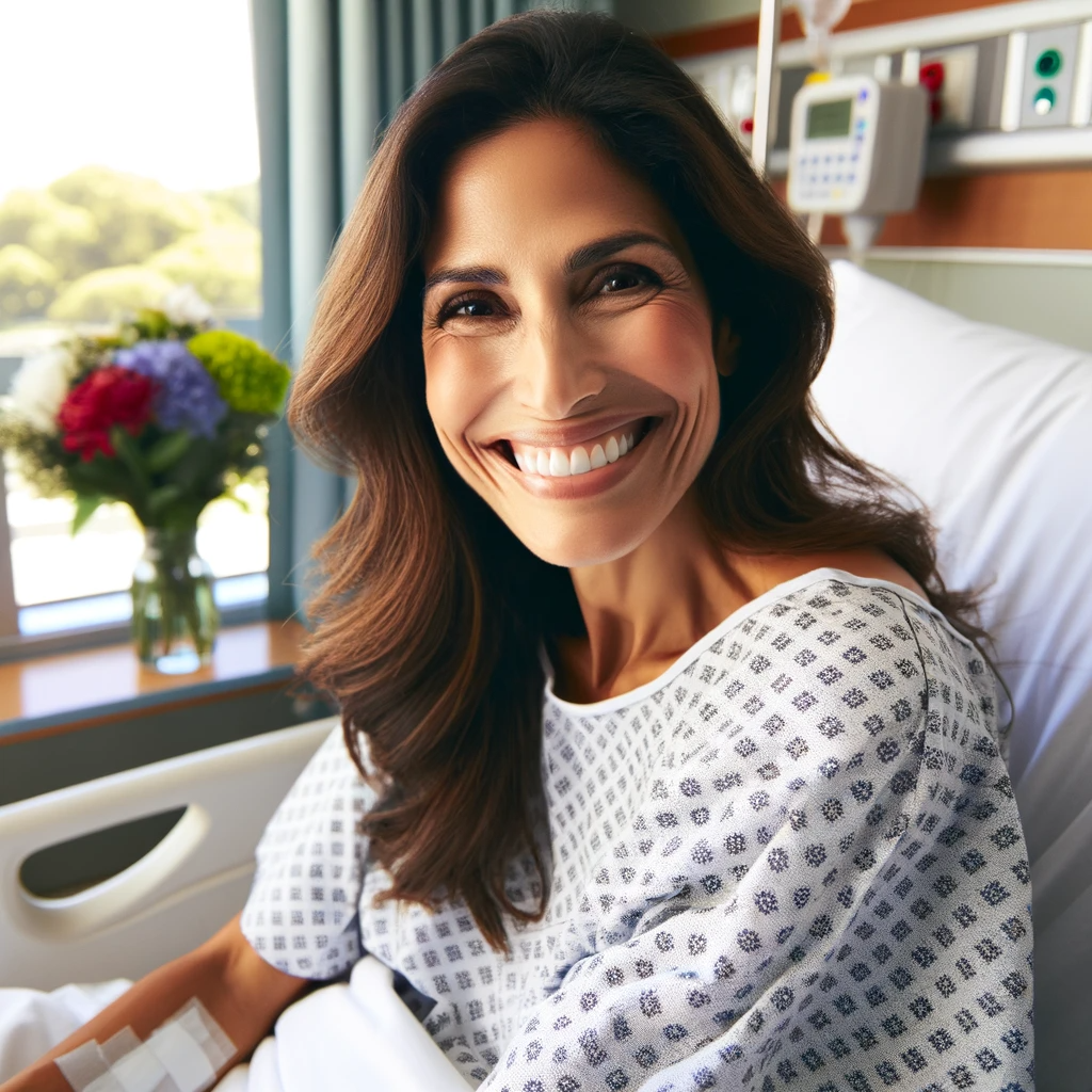 Mulher sorridente simbolizando bem-estar com o uso do port-a-cath